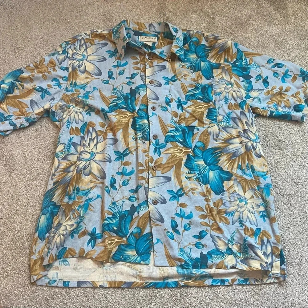 Boca Classics 100% Silk Button Front Collar Top Aloha Hawaiian Floral Sz XL